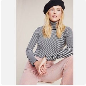 Anthropologie Striped Button Sleeve Turtleneck Sweater